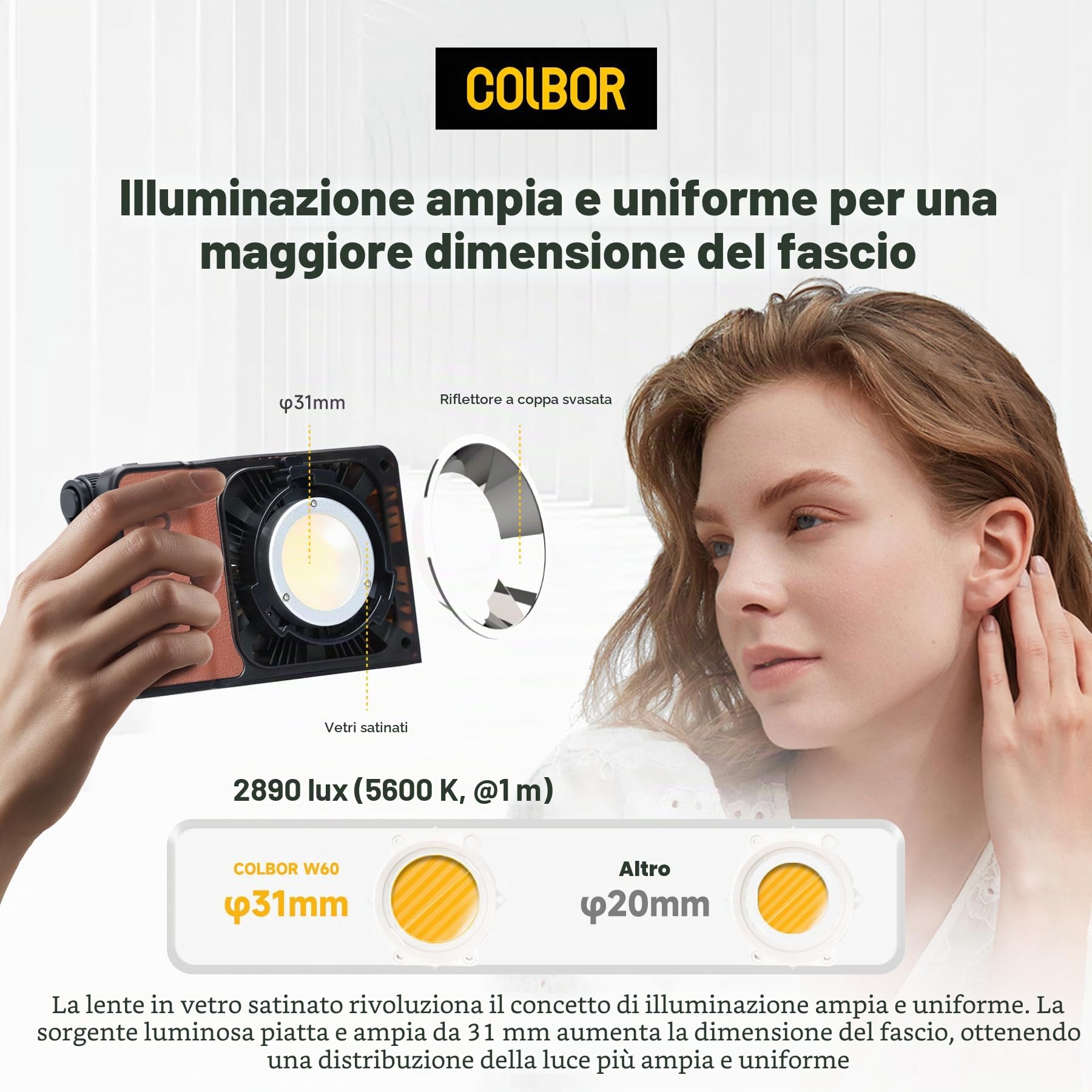 Lampada video, COLBOR W100, 2700-6500K, CRI 97+ 100W, piccola luce a intensità variabile, controllo per applicazione, luce fotografica compatta per Vlog Youtube con batteria carica