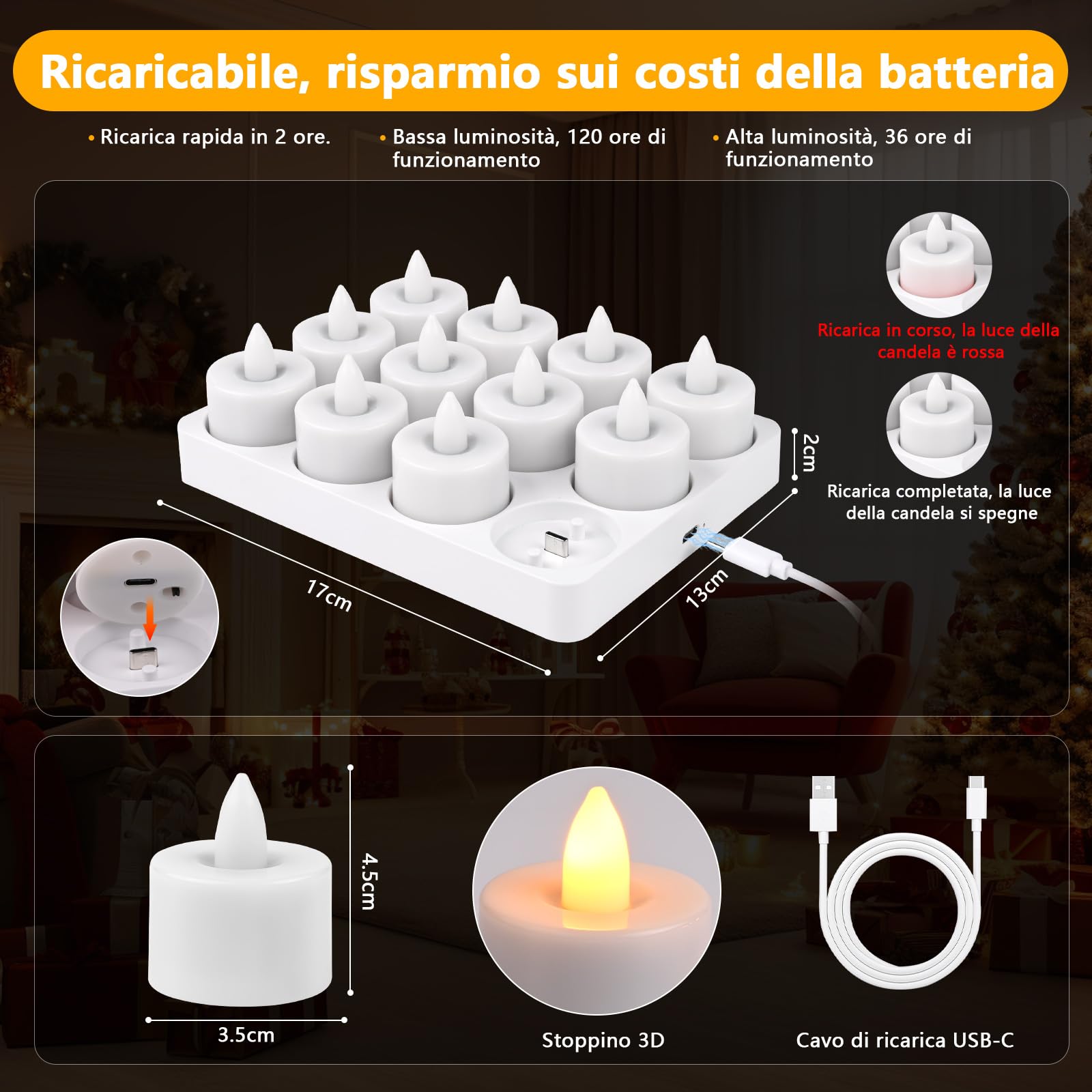 12 Pezzi Candele LED Ricaricabili, Ricaricabili Tea Light con Stazione di Ricarica & Telecomando, Luci Tè con Timer e Fiamma Tremula Realistica, Decorazioni Sicure per Casa, Natale, Matrimonio e Feste
