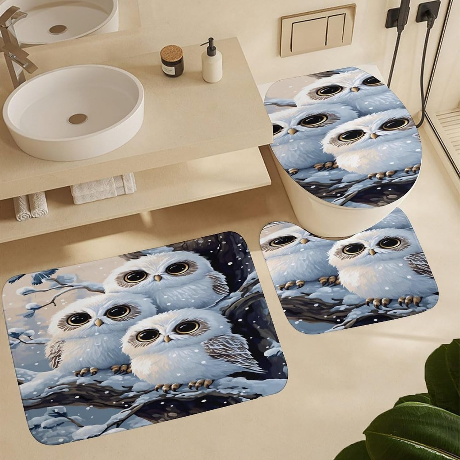 Snowy Owls Winter Tree 4 PCS Bathroom Set with Shower Curtain Rugs, Ultra Soft Coral Fleece Bath Mat, U-Shaped Rug, Toilet Lid Cover, 72" X 72"