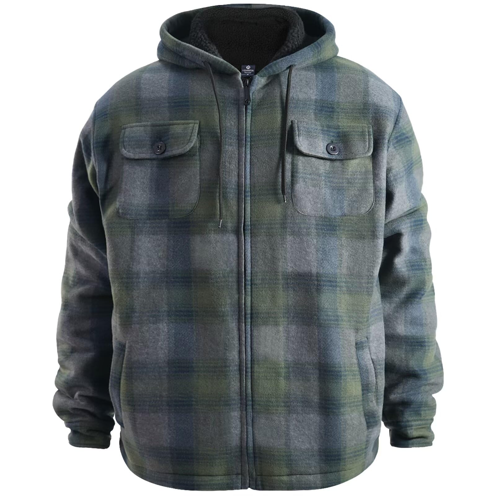 LeeHanTon Mens Flannel Jacket Heavyweight Sherpa Fleece Jackets Outdoor Hiking Casual Soft Warm Coat with Pockets