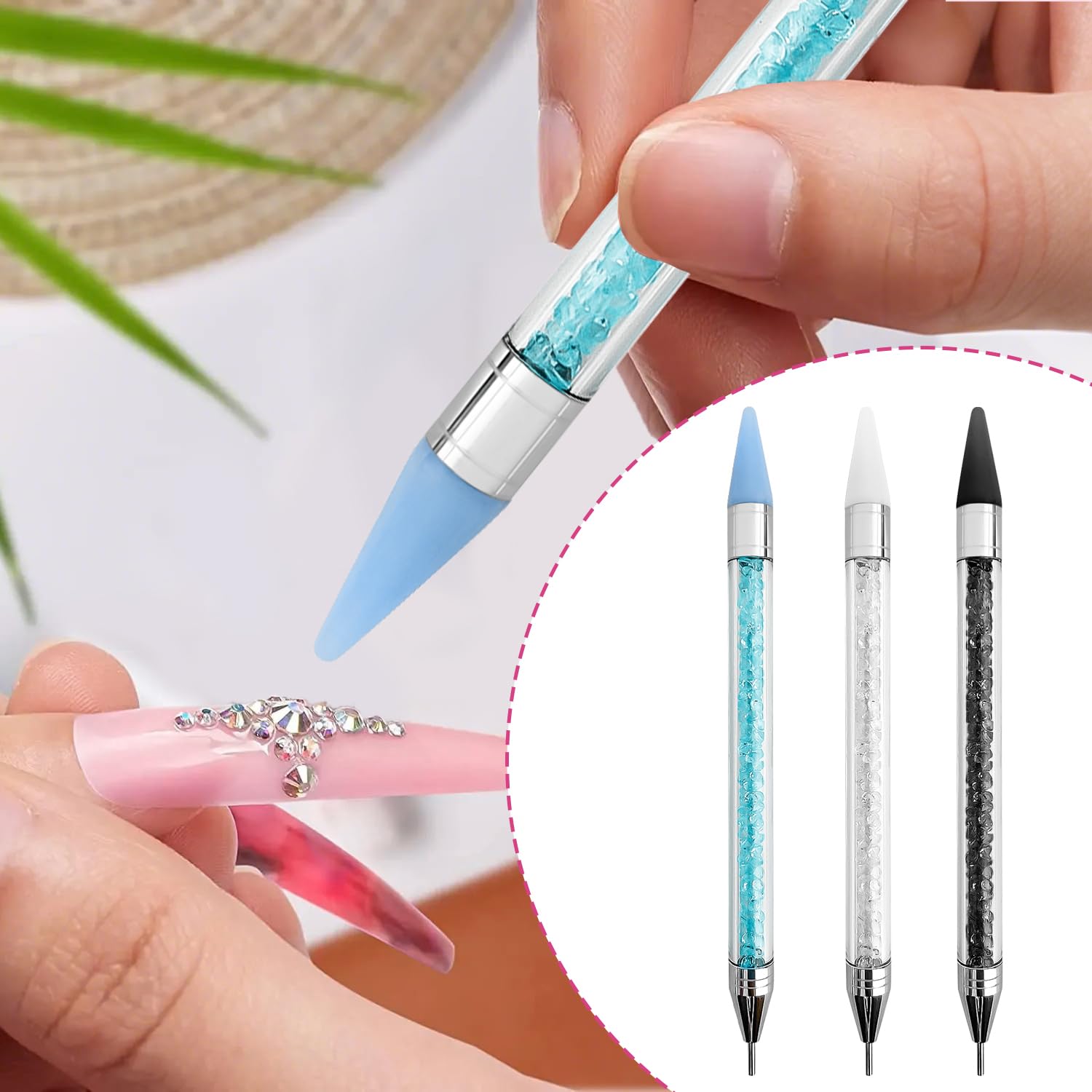 3 Pezzi Penna Strass, Applicatore Strass | Picker Strass Doppia Punta | Penna Cera per Nail Art DIY (Bianco, Nero, Blu)