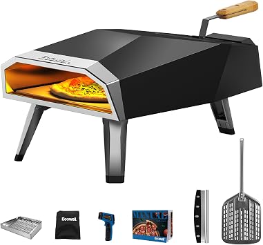 ECOWELL 12" Pizza Oven Outdoor Wood Fired, Outside Pellet Pizza Oven | with Pizza Stone/Peel/Cutter, Infrared Thermometer and Portable Cover, Black