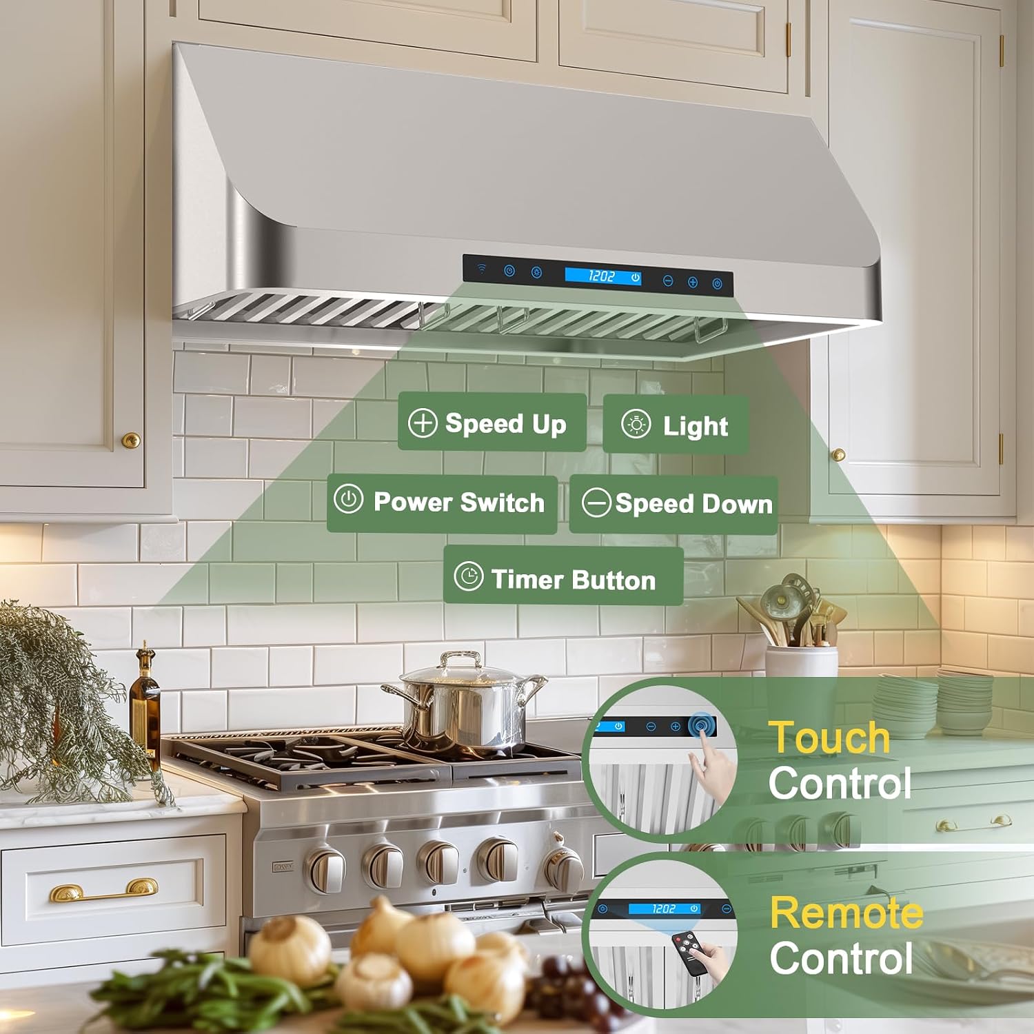 30" Under Cabinet Range Hood - 600 CFM Stainless Steel Vent with Permanent Filters, Touch Remote & 2 LED Lights -Ducted Kitchen Exhaust