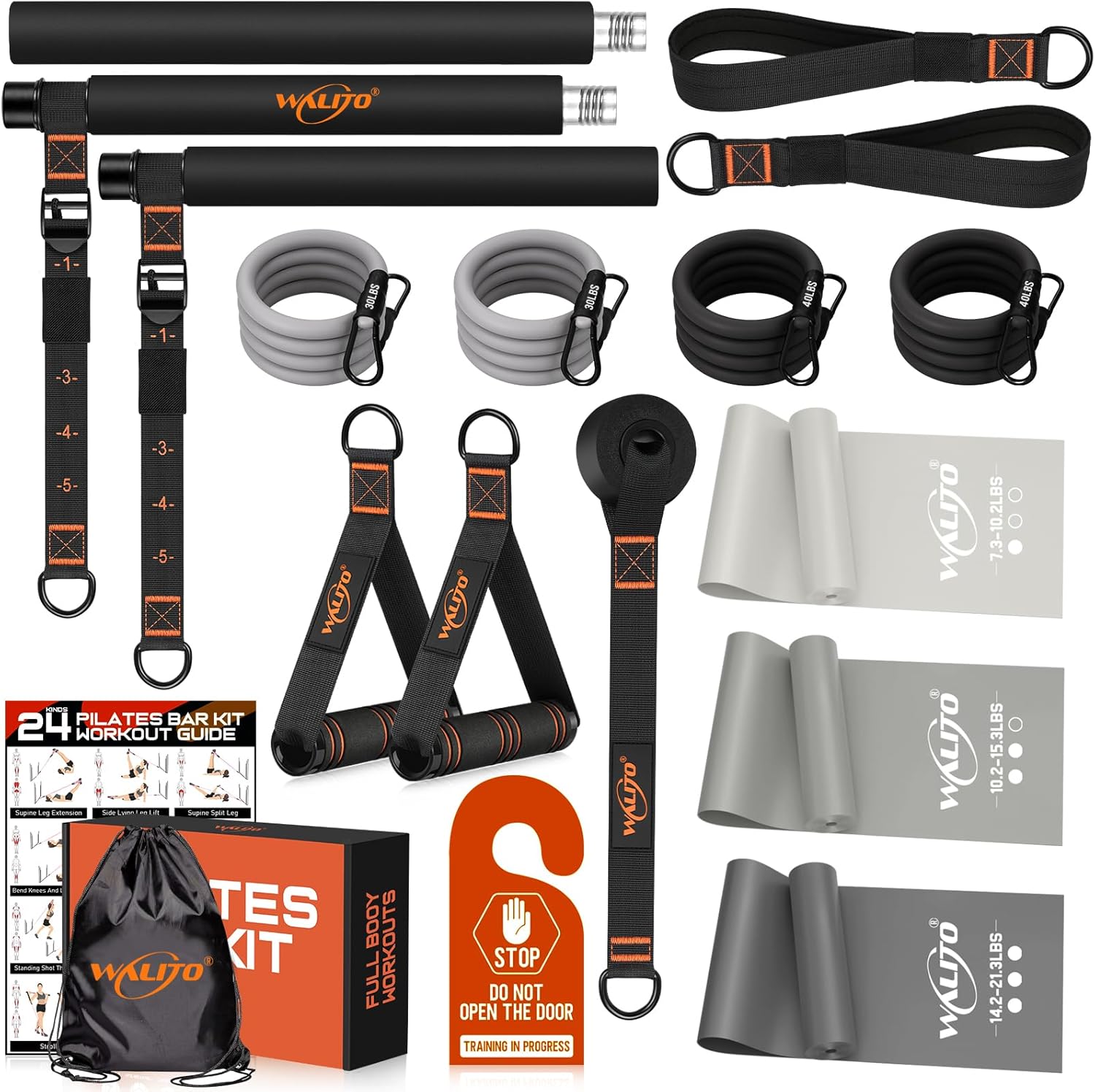 WALITO Pilates Bar Kit with 4.9FT Exercise Bands, 3-Section Multifunctional Yoga Pilates Bar, Portable Home Gym Workout Set