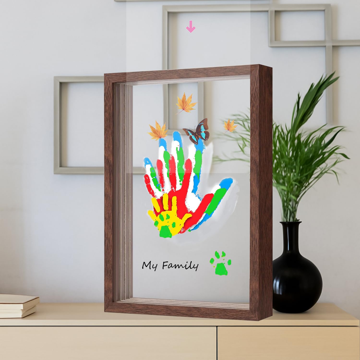 Kit per 4 impronte di mani con famiglia marrone, cornice in legno con 5 tavole acriliche trasparenti, ricordo fai da te per bambini, animali domestici, mamma, nonni, set artistico con vernice atossica