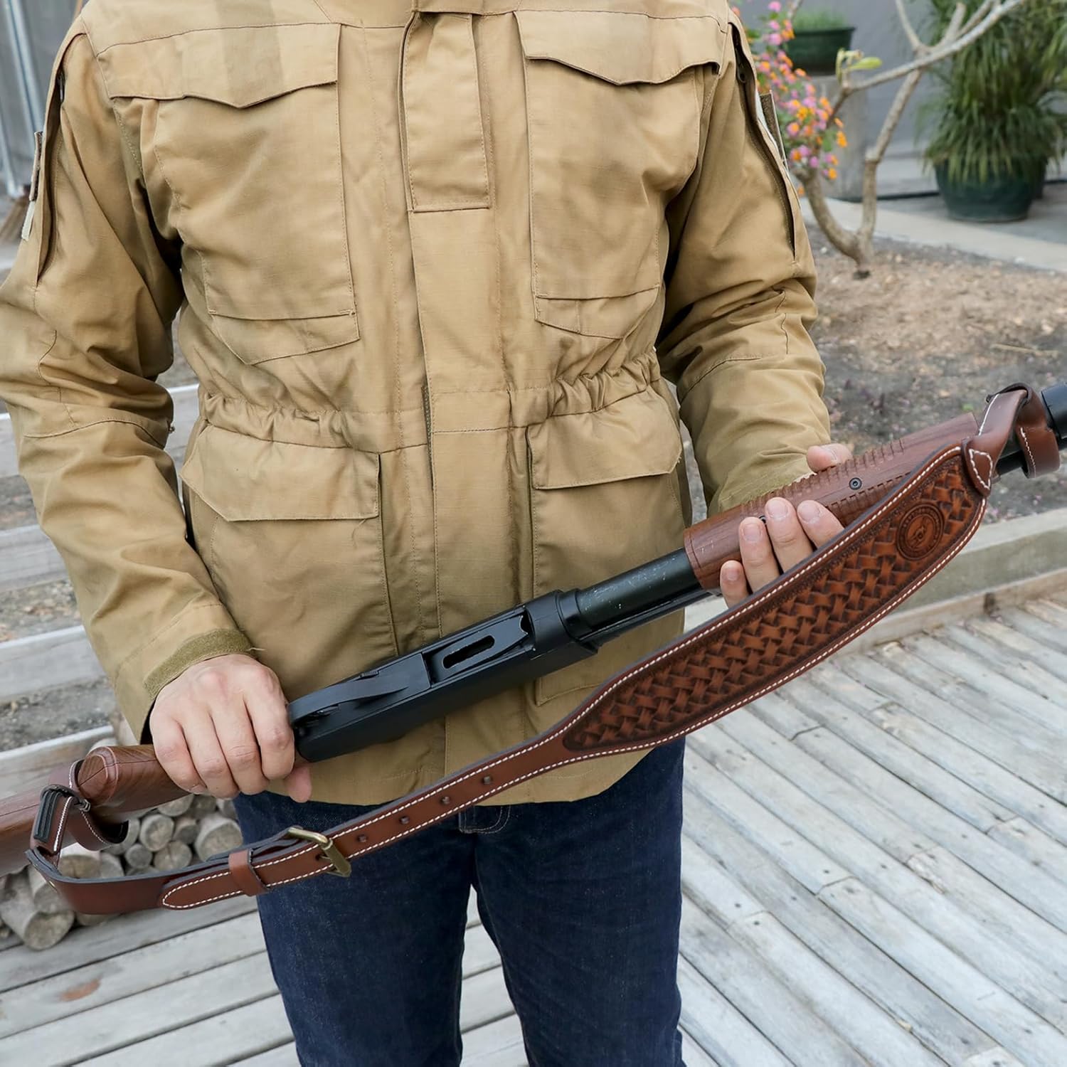 TOURBON Leather No Drill Rifle Sling Adjustable Gun Strap Non-Swivel Shotgun Sling for Hunting Shooting