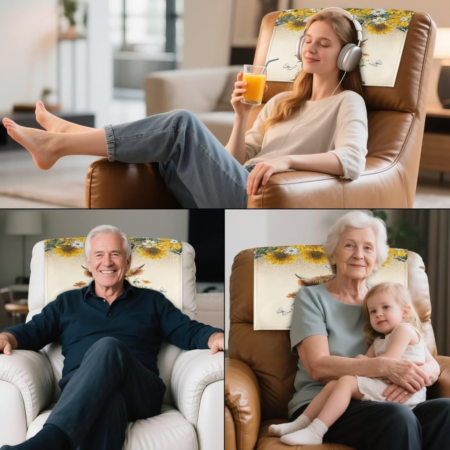 Wanyint Recliner Headrest Cover PU Leather Chair Headrest Cover Furniture Protector Decorative Head Rest Covers for Recliner/Sofa/Couch/Loveseat, 17x27 Inch, Highland Cow Sunflower, Set of 2