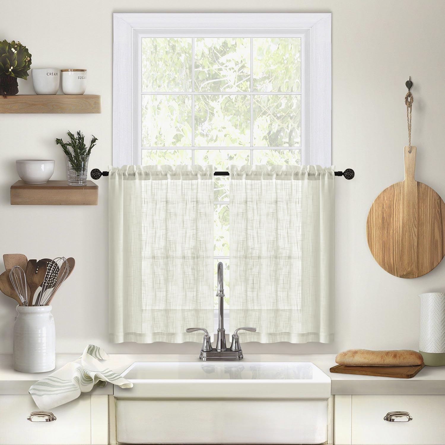 Rideaux courts en voile transparent effet lin couleur unie 63.5x78 cm