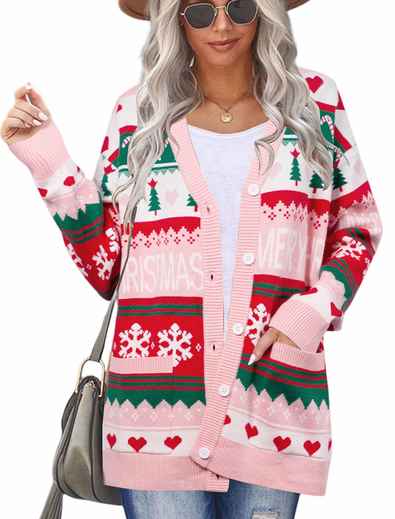 Ugly Christmas Cardigan Sweaters for Women Button Down Sweaters with Pockets Open Front Knit Cardigan Funny Sweater