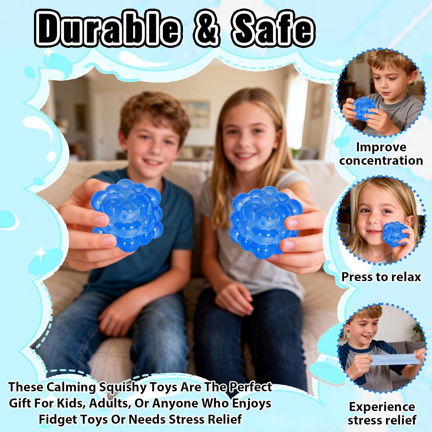 Ice Cube Squishy Fidget Toy, Standard Size 1.96 in Stress Ball for Adults and Kids, Puffwize Soft Textured Sensory Toy with Irregular Shape for Anxiety Relief and Improving Focus(Blue)