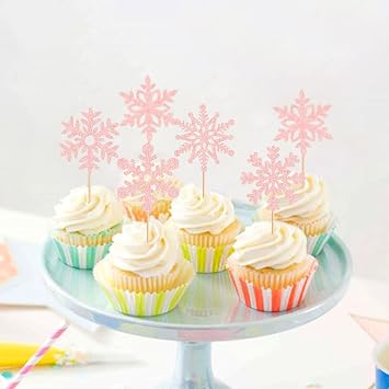 Ercadio 25pcs Snowflake Cupcake Toppers Glitter Snowflake Cupcake Picks Frozen Light Pink Snowflake Cake Decors Baby Shower Gender Reveal Winter Theme Christmas Party Cake Decor Supplies