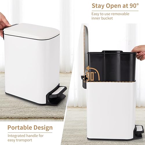Miniatura 3 de Cubo de basura delgado para baño con tapa de cierre suave, pedal escalonado, cubo interior extraíble, bote de basura pequeño, 6 litros1.6 galones,