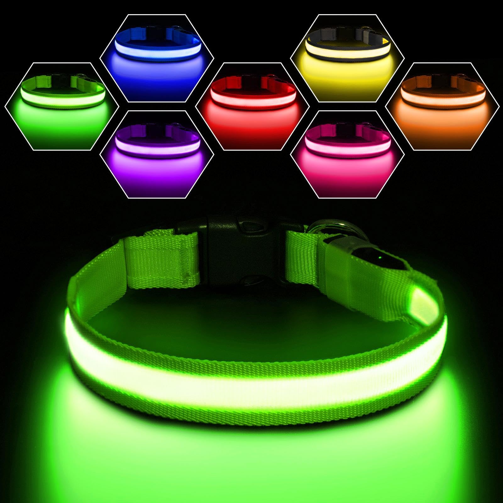 PcEoTllar Light Up Dog Collar, Dog Collar Light Rechargeable 7 Colors, LED Dog Collar with Light for Night Walking Waterproof & Adjustable for Small Medium Large Dogs, Green(7 Modes)-M