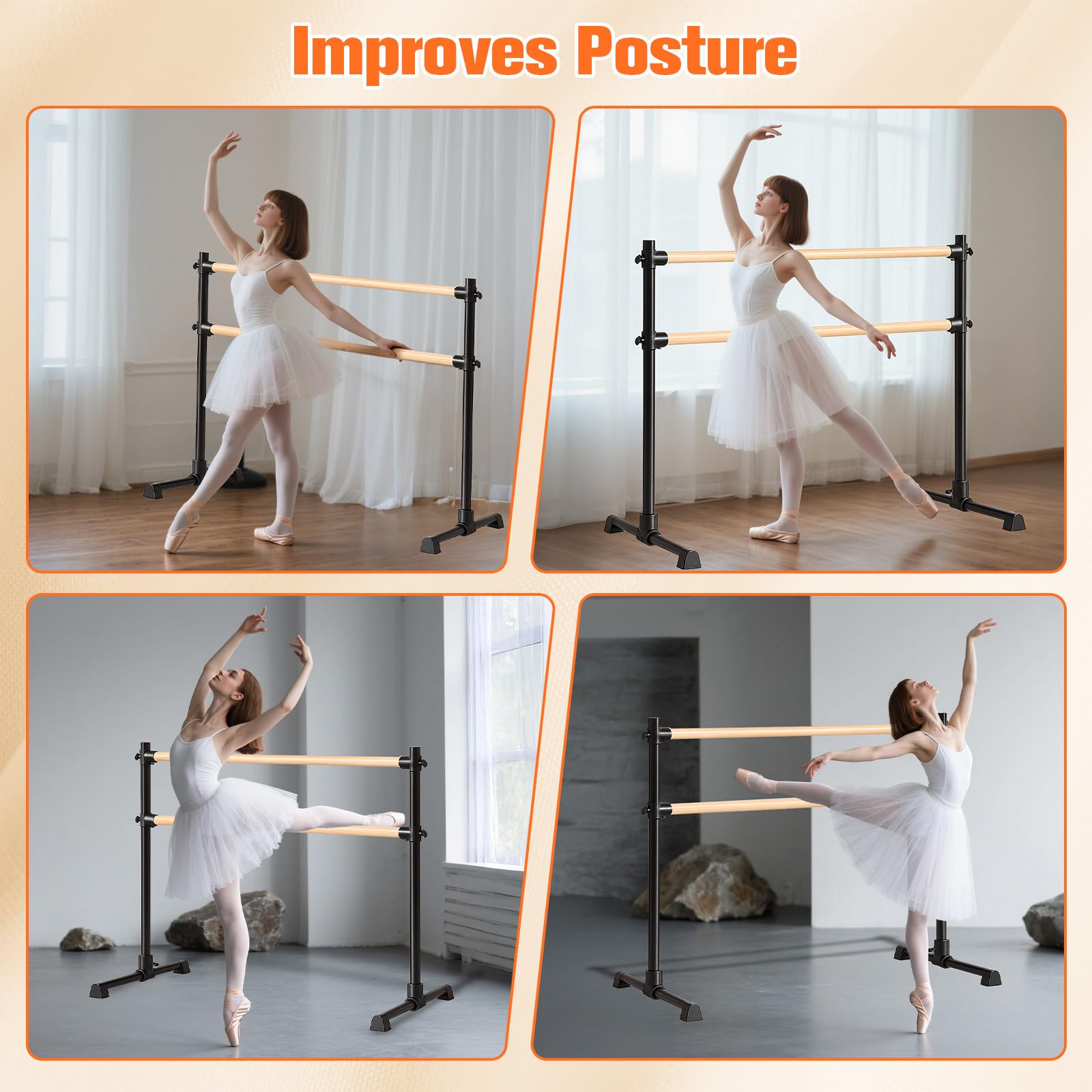 Barra de ballet doble independiente, barra de ballet ajustable en altura, barra de baile portátil con pies antideslizantes para niñas, niños, adultos, fitness, yoga, entrenamiento en casa
