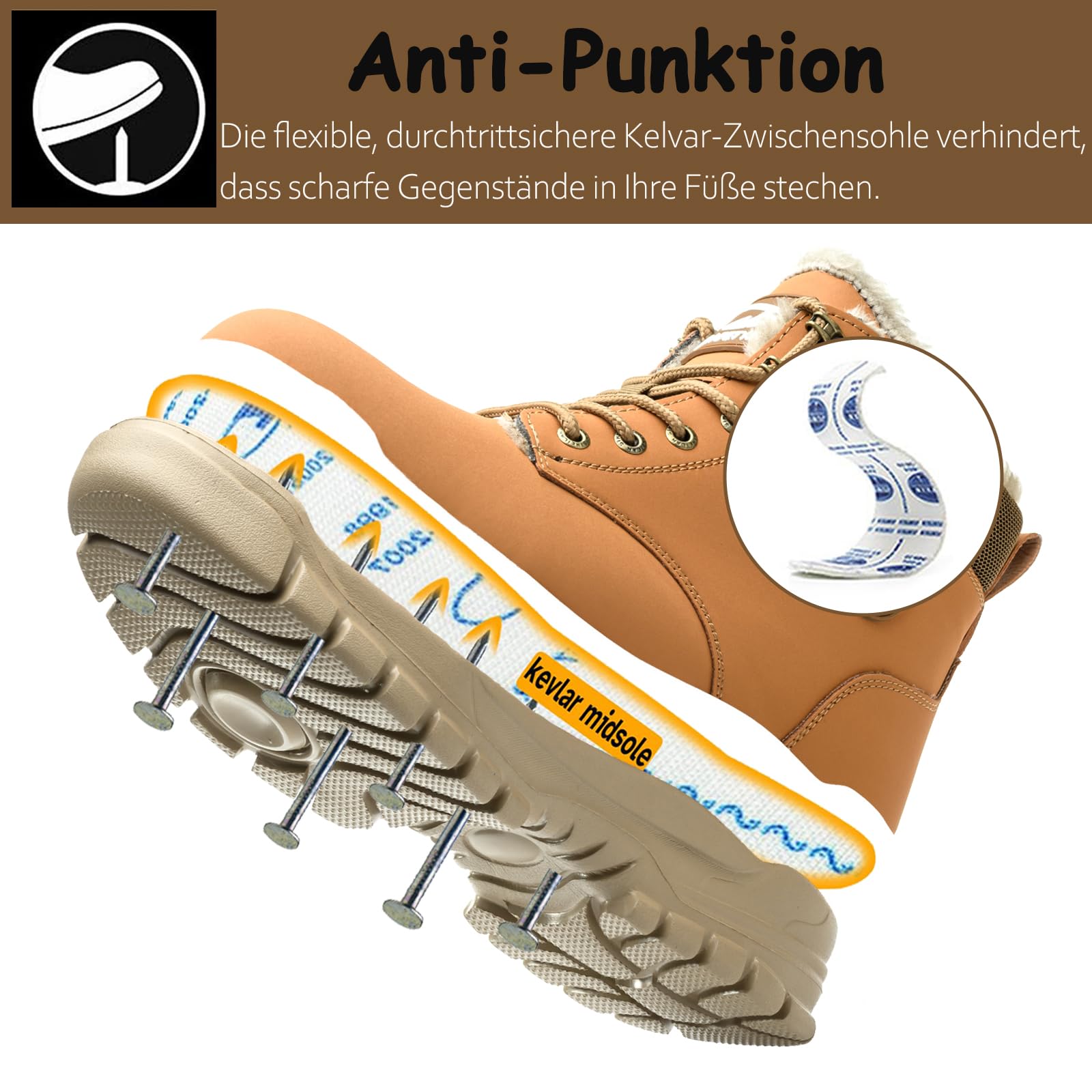 Zimowe buty ochronne męskie wodoodporne stalowe noski buty sportowe damskie buty robocze ciepłe futrzane buty ochronne z podszewką, ŻÓŁTY, 44 EU