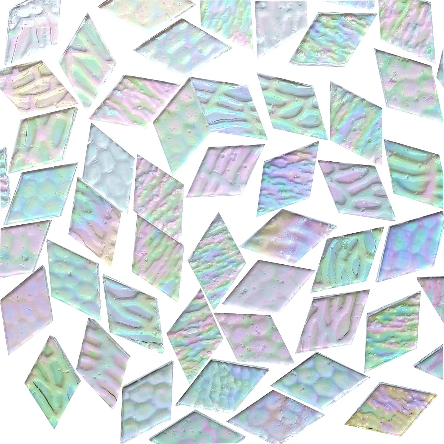 60 Pieces 1 Inch Each Side Diamond Shape(White Clear Iridescent) Stained Glass for DIY Crafts, Precut Mosaic Tiles Bulk - Mosaic Kits, Windows, Art Projects - Stained Glass Pieces for Beginners