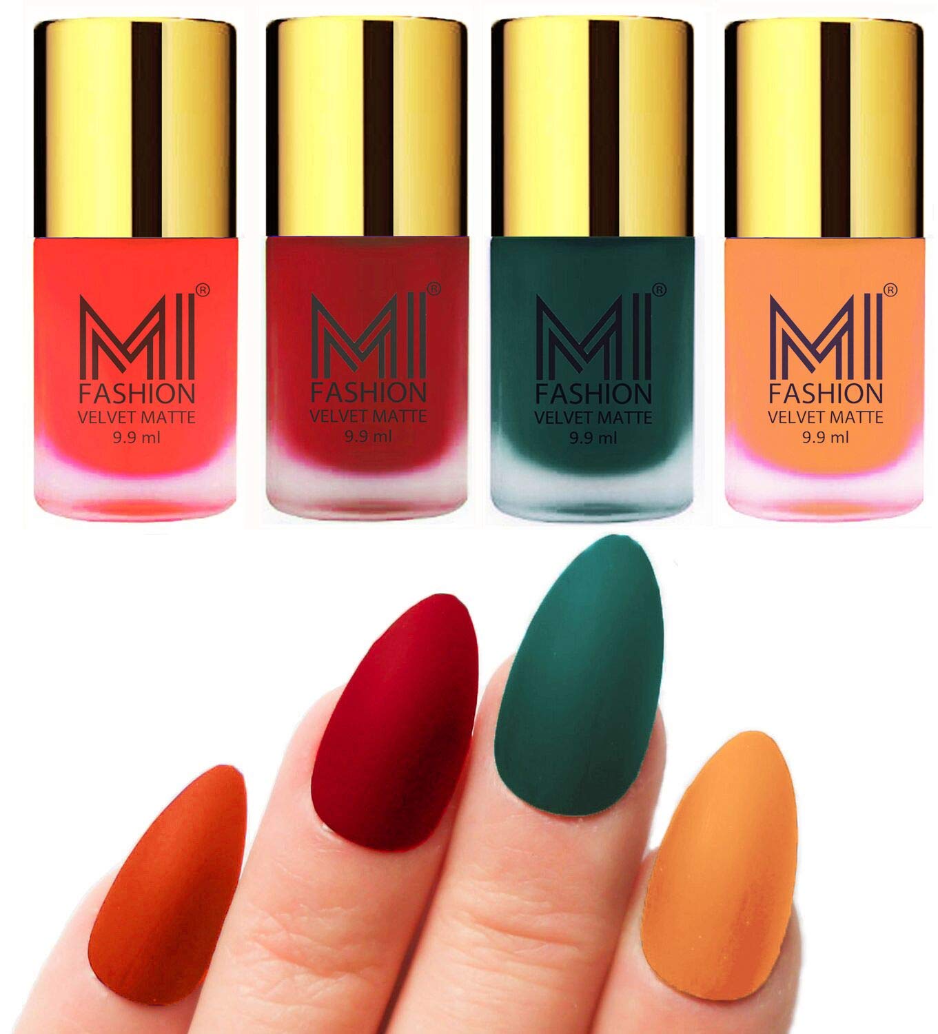 MI FASHION Velvet High Finish Matte Nail Polish Combo Set Radiant Nails 9.9ml Each Orange, Tomato Red, Dark Green, Saffron Orange (Pack-4)-image-11