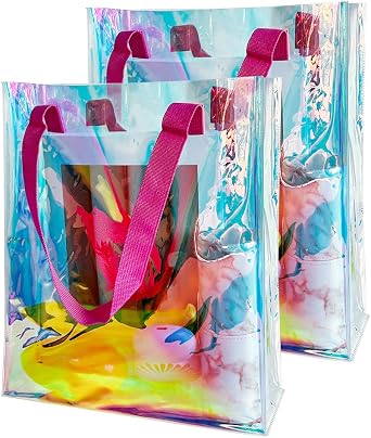 Holographic Clear Tote Bag with Weave Handle Laser Waterproof PVC Beach Tote Gift Shopping Bag for Stadium Travel