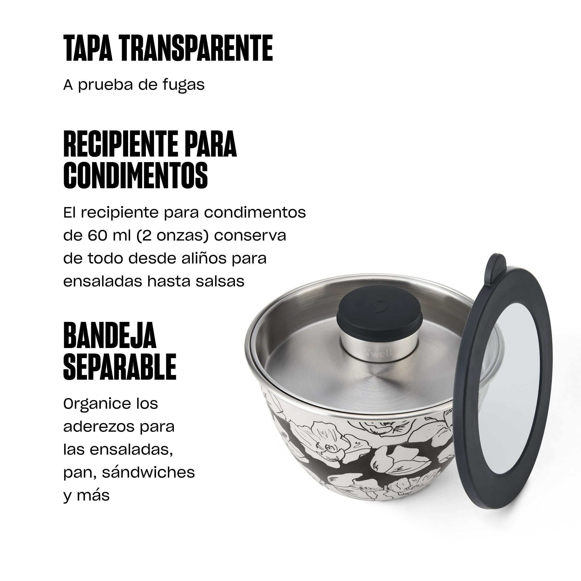 S'well Kit per insalatiera in acciaio inox, 1,9 litri, con contenitore per condimenti da 60 ml e vassoio rimovibile per l'organizzazione, a prova di perdite, facile da pulire, lavabile in