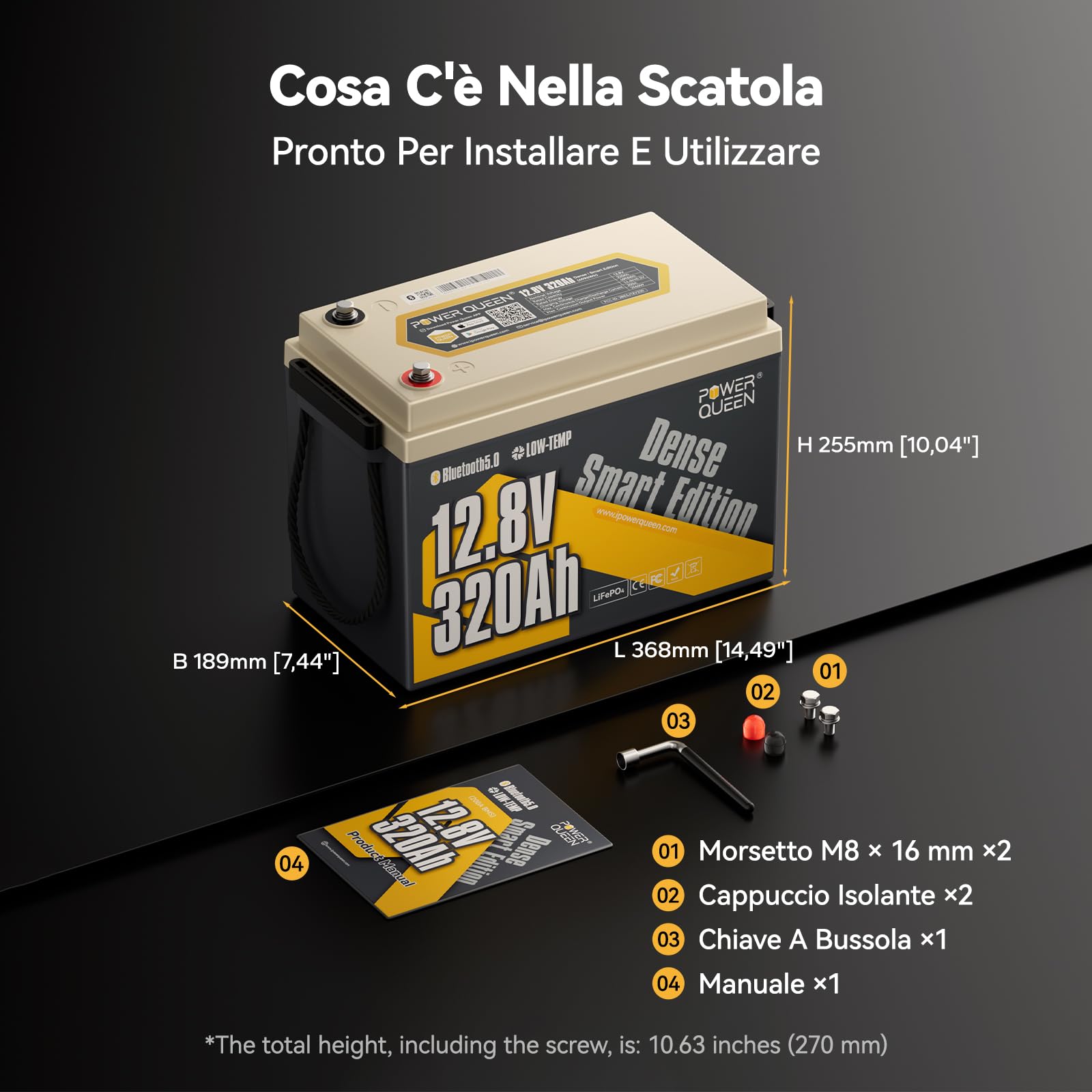 Power Queen Batteria al litio Bluetooth 12V 320Ah, con BMS 200A e protezione dalle basse temperature, Max. 15.000 cicli, Batteria LiFePO4 ad alta capacità per Camper, Barche, Off-Grid e Casa