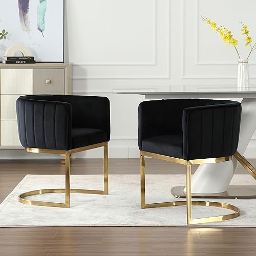 Miniatura 3 de Juego de 2 sillas de comedor modernas de terciopelo contemporáneas para cocina y comedor con brazos, sillas tapizadas de barril con marco de metal