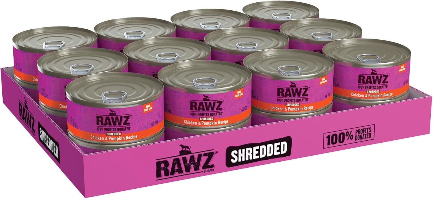 Rawz Natural Premium Shredded Canned Cat Wet Food - Made with Real Meat Ingredients No BPA or Gums - 5.5oz Cans 24 Count (Chicken & Pumpkin)