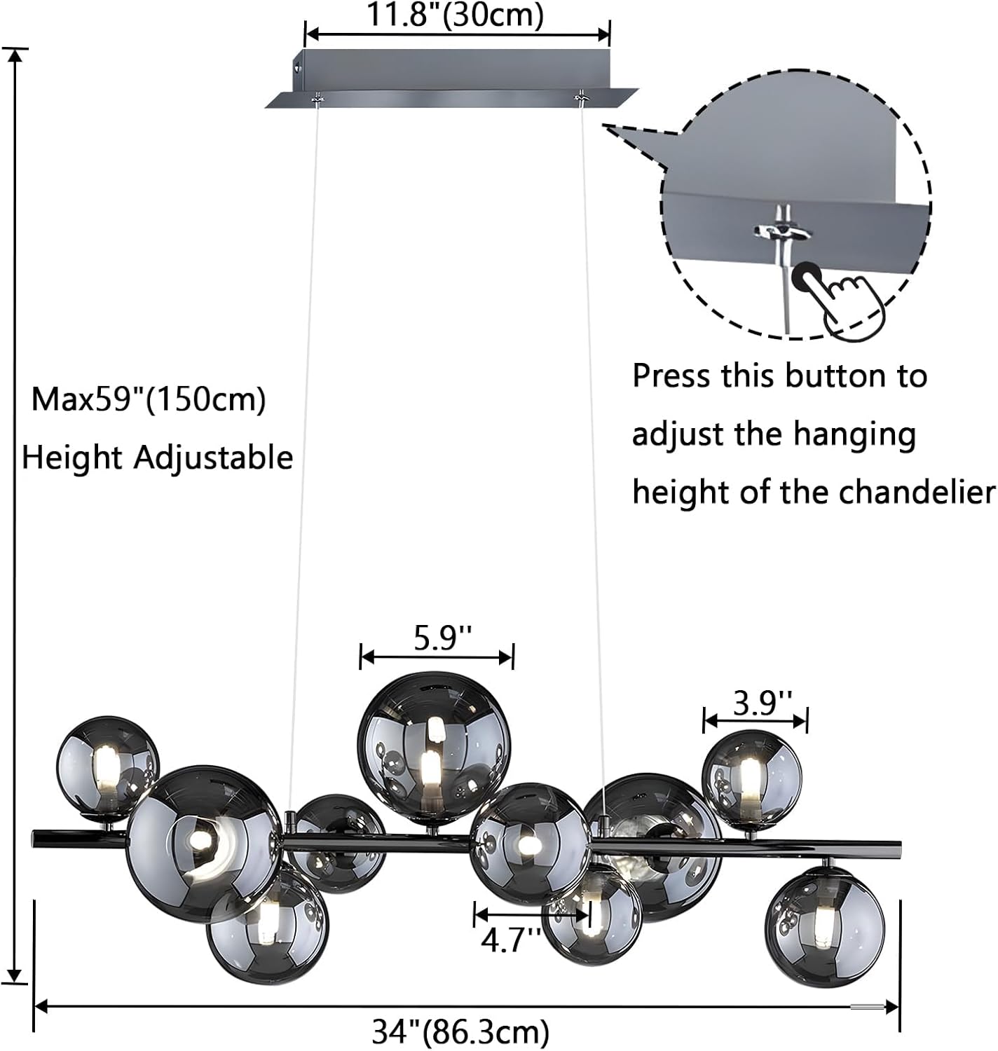 10-Light Mid Century Modern Sputnik Chandelier Black Island Light Linear Chandelier Glass Globe Pendant Light Fixture for Bedroom Living Room Hallway Dining Room Kitchen Farmhouse (Chrome)