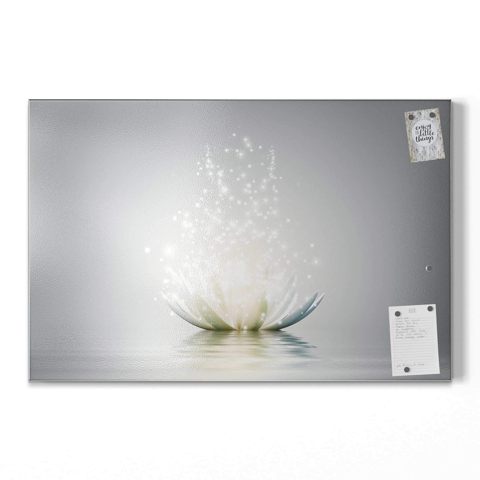 DEQORI Metalowa tablica magnetyczna | wymiary 90 x 60 cm | motyw "Błyszczący kwiat lotosu" | tablica suchościeralna na wszystkie magnesy | tablica magnetyczna do kuchni i biura | designerska tablica