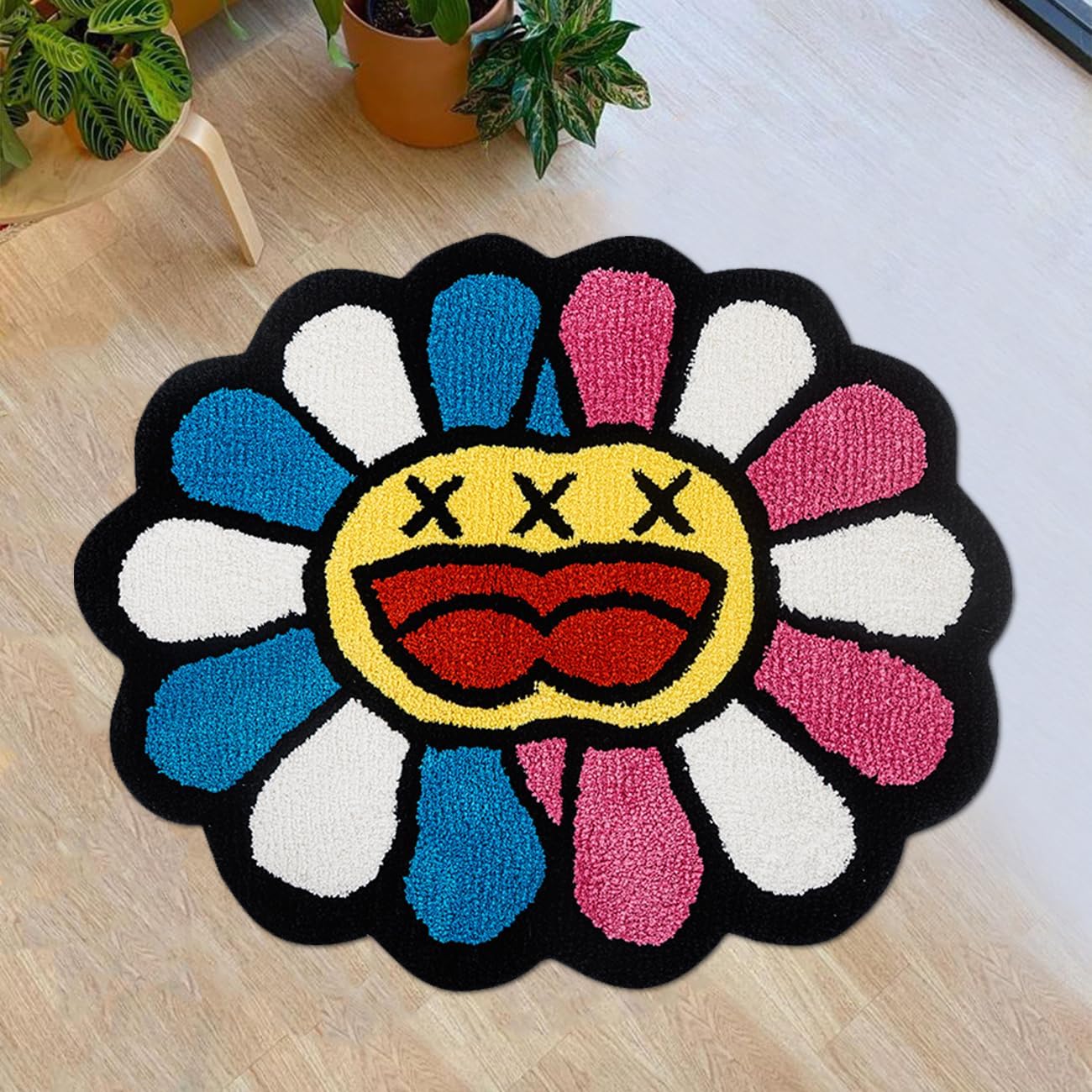 Trippy Flower Rug Cool Rugs Fun Pink Blue Bathroom Rugs Tufted Large Extra Soft Quick Dry Non Slip Bath Mats Water Absorbent Bathroom Mat Washable Aesthetic Carpet, 2.6 x 3.2FT