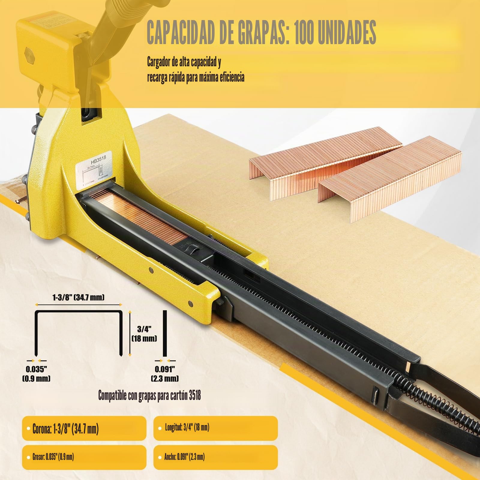 HB3518 Grapadora Manual para Cerrar Cajas de Cartón con Extractor de Grapas, Calibre 16, Corona de 34.7mm, Máquina de Grapar Cajas de Cartón para Plegado | Sin compresor, ligera en magnesio, profundidad ajustable para cartones, con extractor y empujador