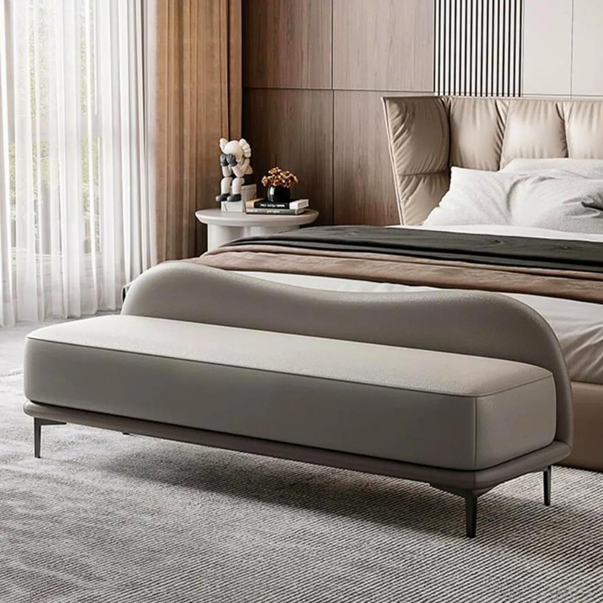 Faux Leather Upholstered Bench Ottoman Sofa couches Ottoman Bench 2 Seater Sofa Chaise Lounger with Metal Legs, Contemporary Bedroom Furniture (Grey)-image-5