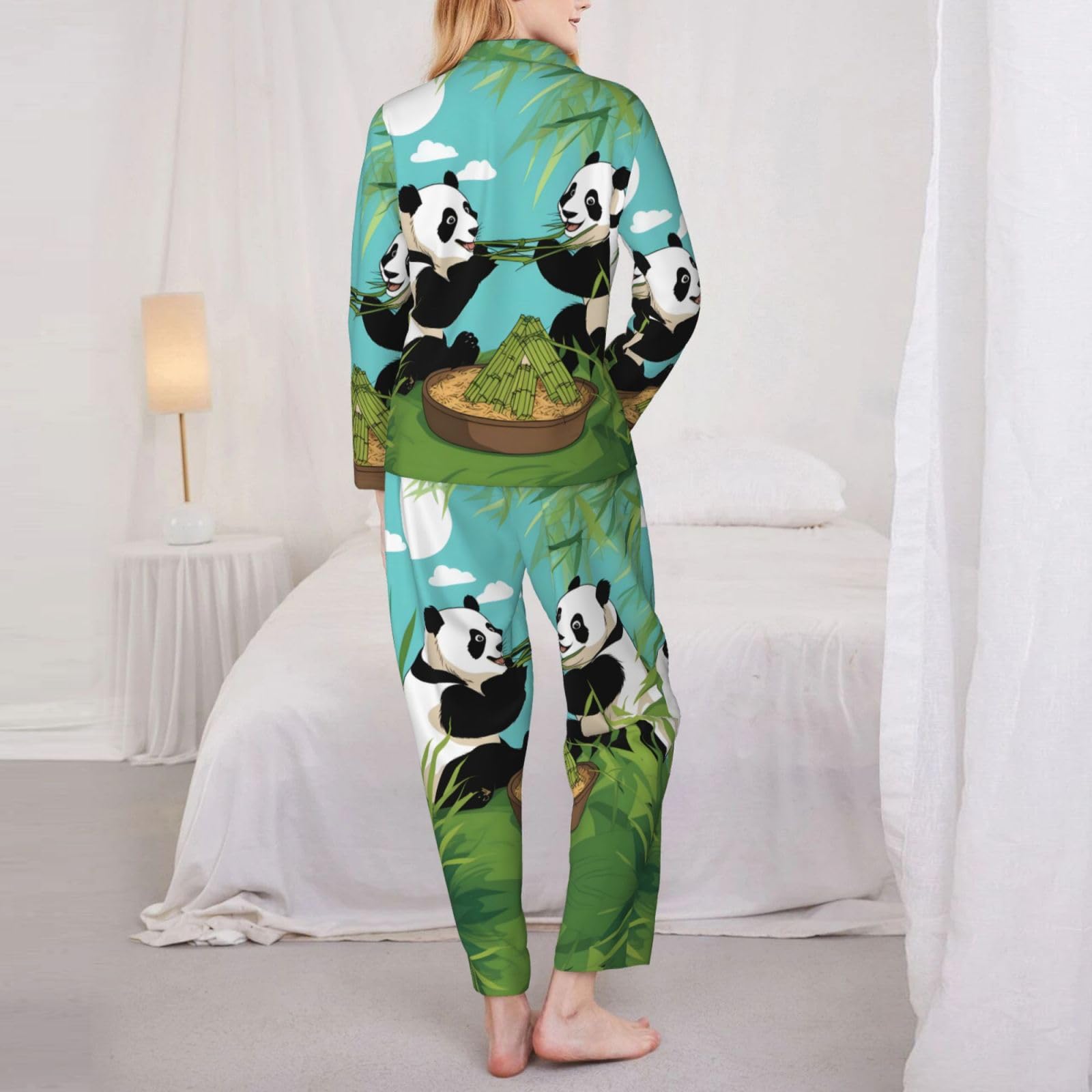Conjunto de pijama de manga larga para mujer, dos bonitos pandas grandes, estampado de manga larga con botones, disponible en 5 tallas