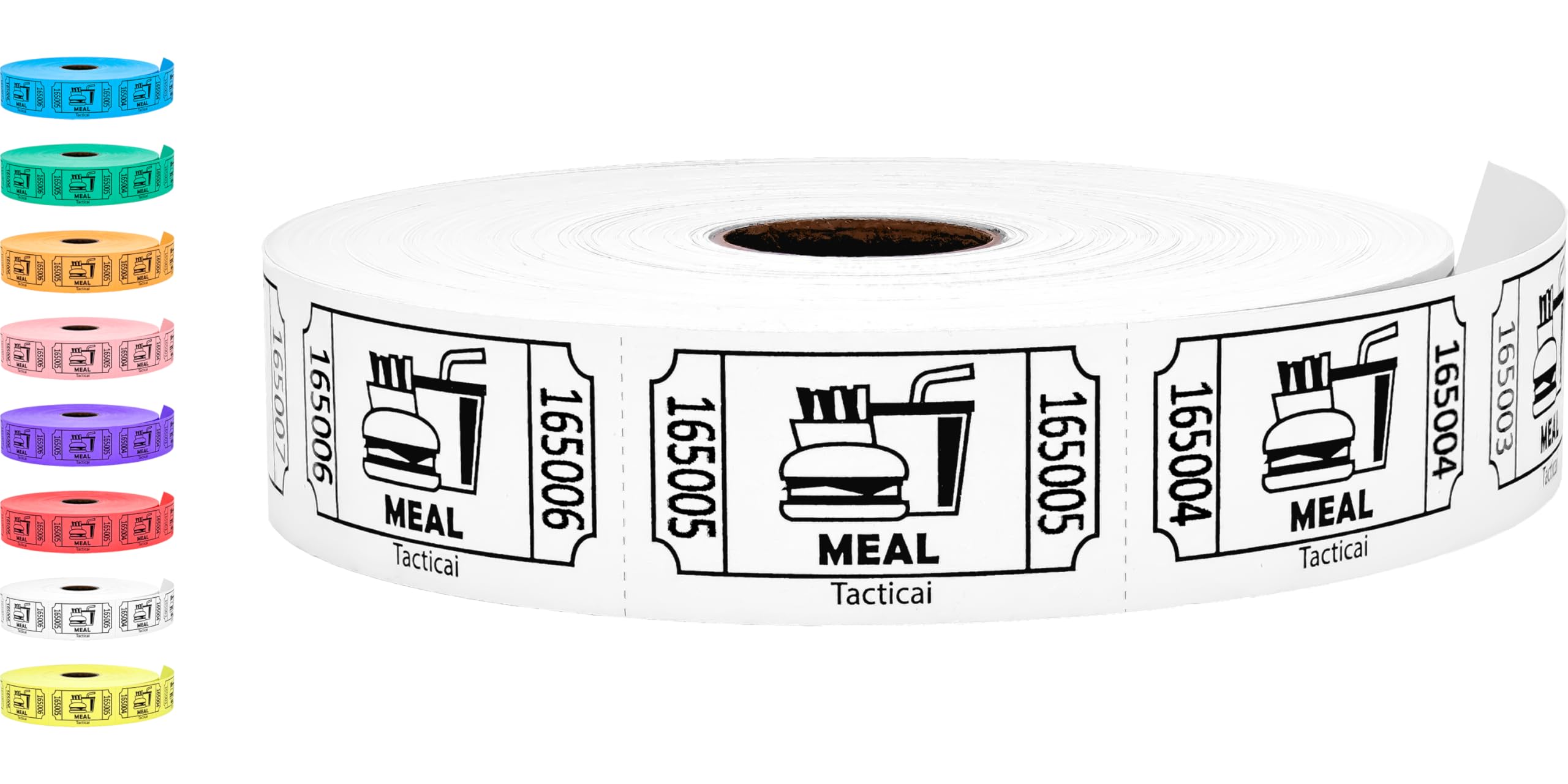 Tacticai 1000 Raffle Tickets, Meal, White (1 of 8 Colors), Single Roll, Ticket for Events, Food, Class Reward, Fundraiser & Prizes — image 1