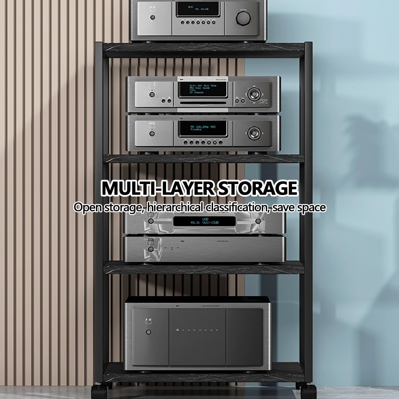 Moderno supporto per dischi in vinile, console multimediale multistrato per l'intrattenimento domestico, camera da letto e soggiorno, elegante armadietto per componenti stereo e supporto per