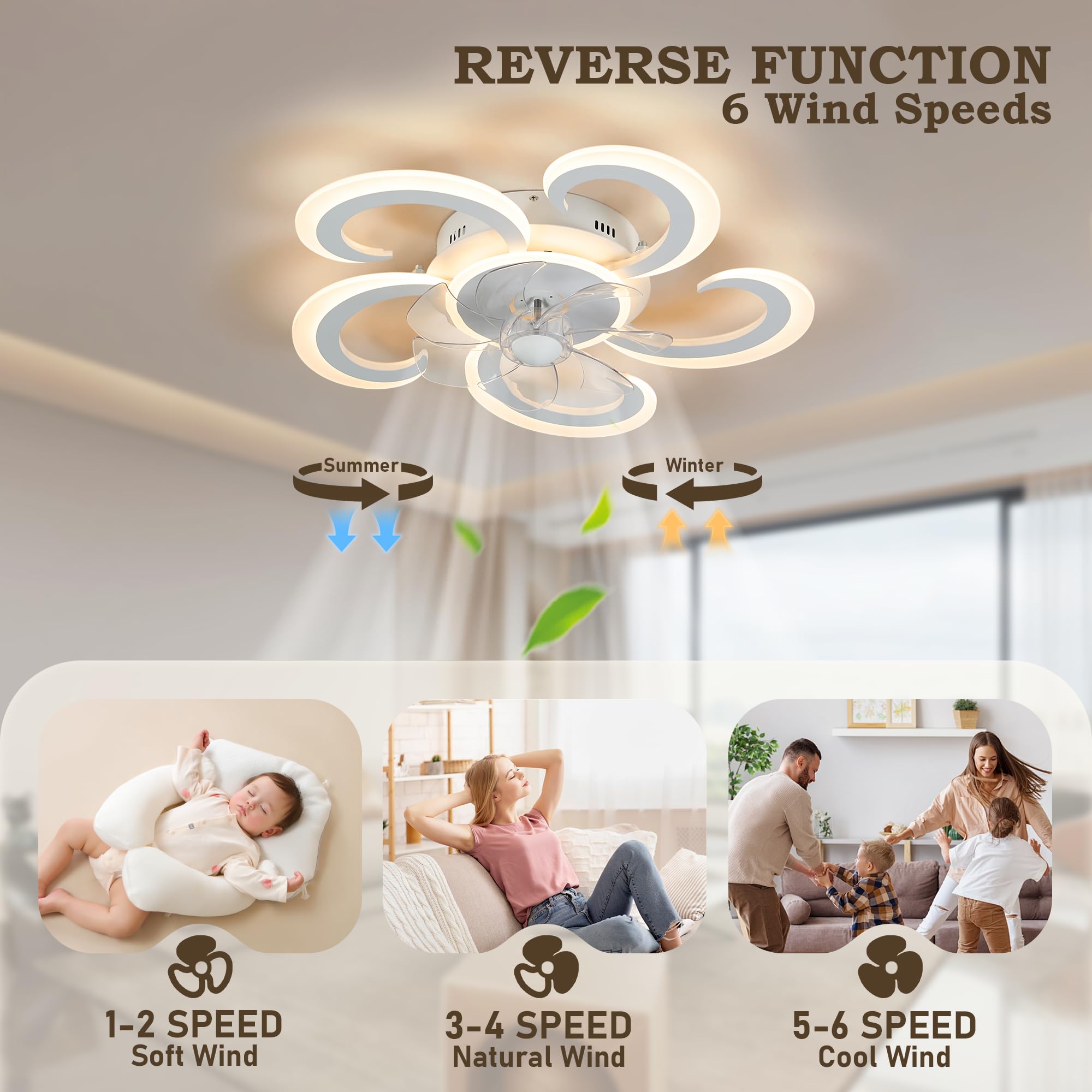 Ventilatori da Soffitto con Luce e Telecomando, Lampadario con Ventilatore da Soffitto, Lampadario LED Dimmerabile 3000K-6000K, 50W(37W+13W) 3600Lumens, Ventilatore a Soffitto con Luce, 62cm