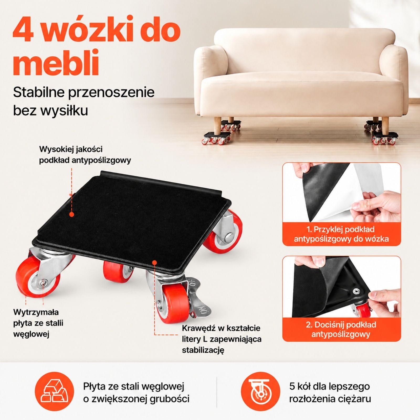 Wózek meblowy zestaw 4 sztuki z 5 kołami obrotowymi do szafy sofy stołu i przeprowadzki