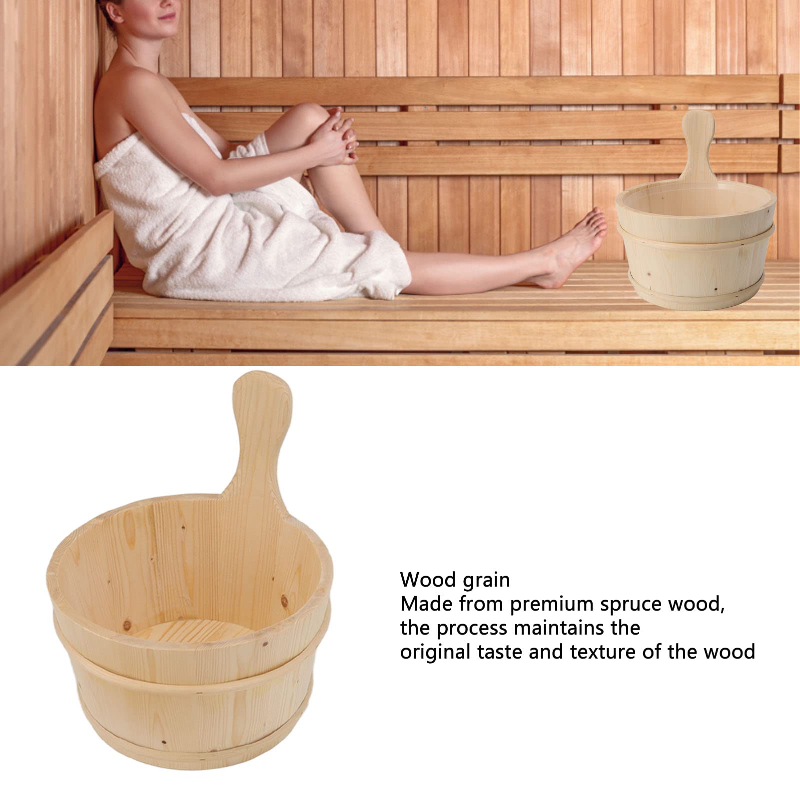 Paquete de cubo de sauna de madera de 4 l con forro de plástico, manija, cuchara e higrotermógrafo para uso doméstico y spa