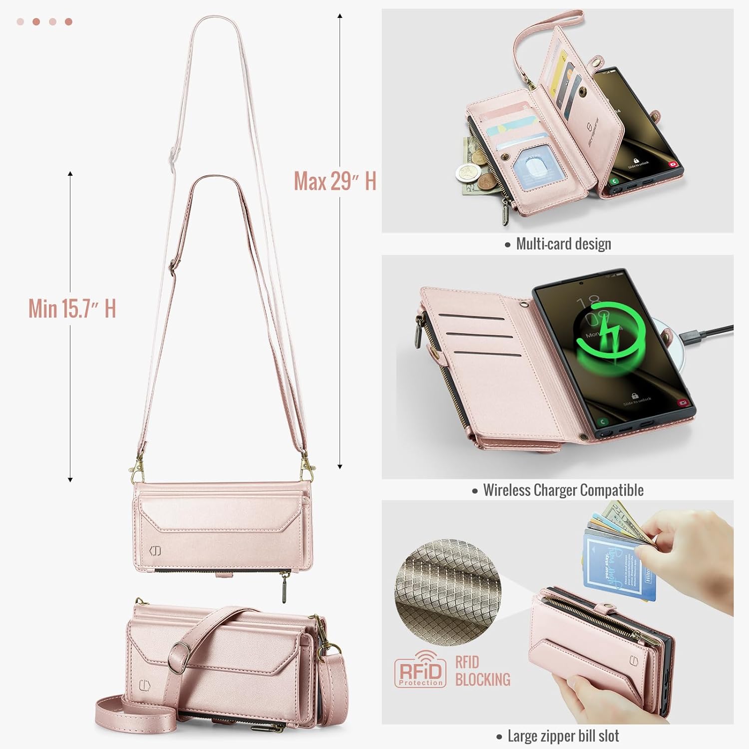 Wallet Case Compatible with Samsung Galaxy S25 Ultra 5G RFID Blocking 10-Card Holder Soft PU Leather Magnetic Snap Strap Zipper Pocket Phone Case Fit for Galaxy S25 Ultra - Rose Gold - Image 7