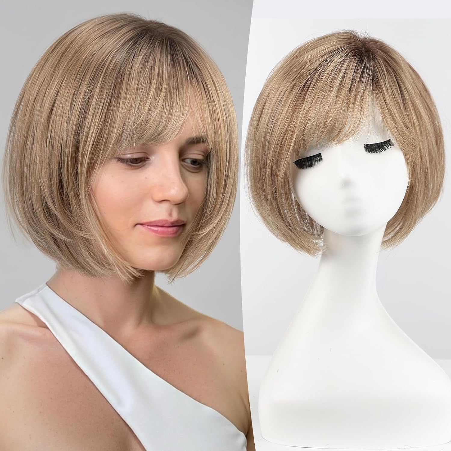 starluck Hair Topper for Women Real Human Hair 6.5×6.5 inch Base ombre Ash Brown Short Bob with Bangs Side Part Human Hair Topper for Women with ThinngHair Cover Gray Roots-10 Inch
