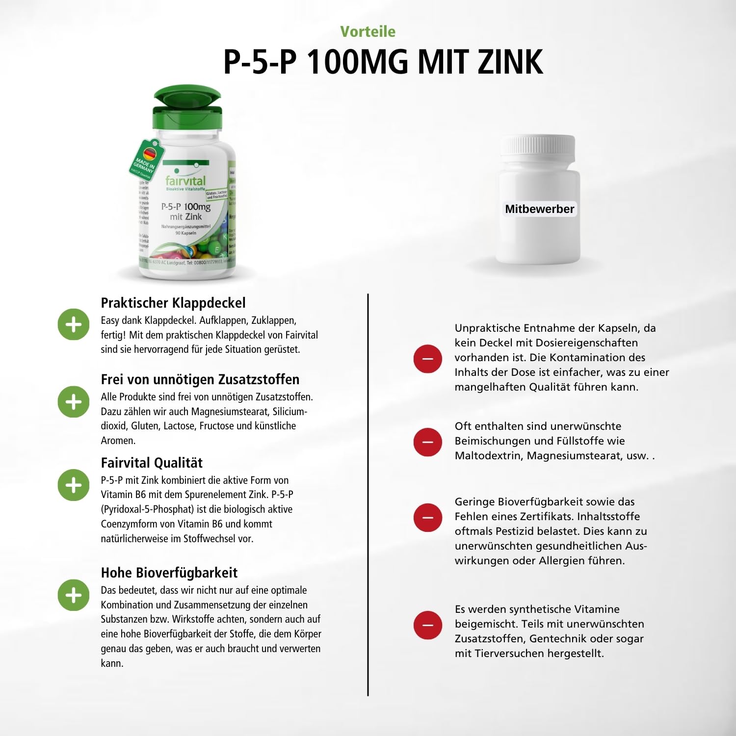 fairvital Pyridoxal-5-Phosphat 100mg, 270 Kapseln (90x3), aktives Vitamin B6 P-5-P mit Zink, HOCHDOSIERT & VEGAN
