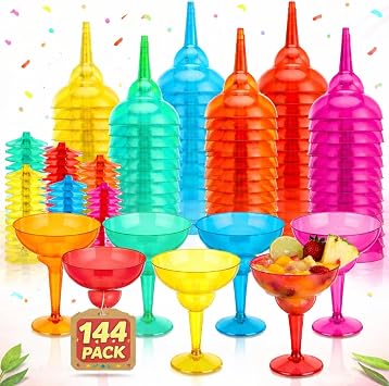 Willinglong 144 Pcs Multicolor Plastic Margarita Glasses, 12 oz Disposable Plastic Cocktail Cups for Cinco De Mayo Fiesta, Taco Party and Mexican Decorations fiesta Party Decorations