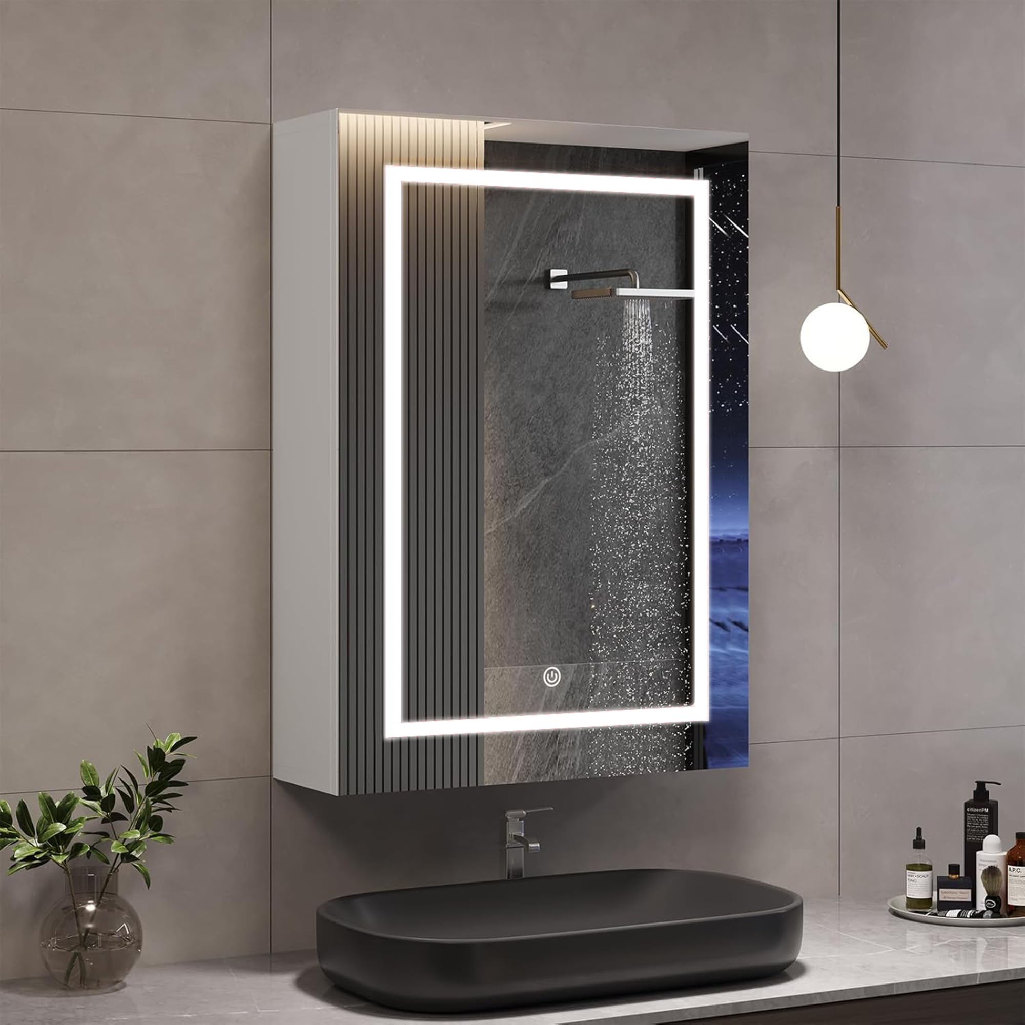Espejo de baño con iluminación, armario de baño de una puerta con luz y estantes ajustables, armario de baño, 70x50cm, espejo LED, IP54 a prueba de agua, control táctil, espejo de pared (blanco-una