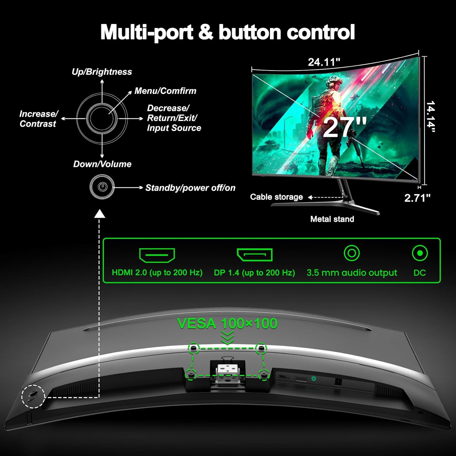 Graphic demonstrating game assist features like Black Level Adjustment, Pinpoint, and Timer