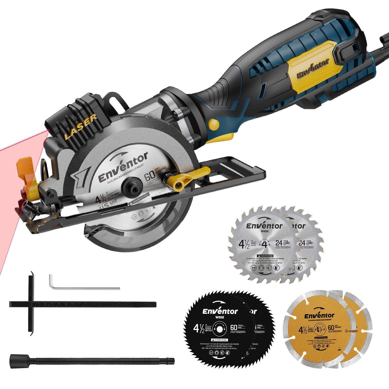 ENVENTOR Mini pilarka tarczowa, Mini ręczna pilarka tarczowa 705W, 3500 RPM, prowadnica laserowa, 6 ostrzy Ø115 mm, cięcie: 42.8 mm/90º, 28 mm/45º, do cięcia płytek, drewna, miękkiego metalu