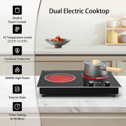 Miniatura 3 de Cocina eléctrica, 1110 V, 2100 W, estufa de 2 quemadores, estufa integrada y encimera con 10 niveles de calefacción, temporizador y bloqueo de