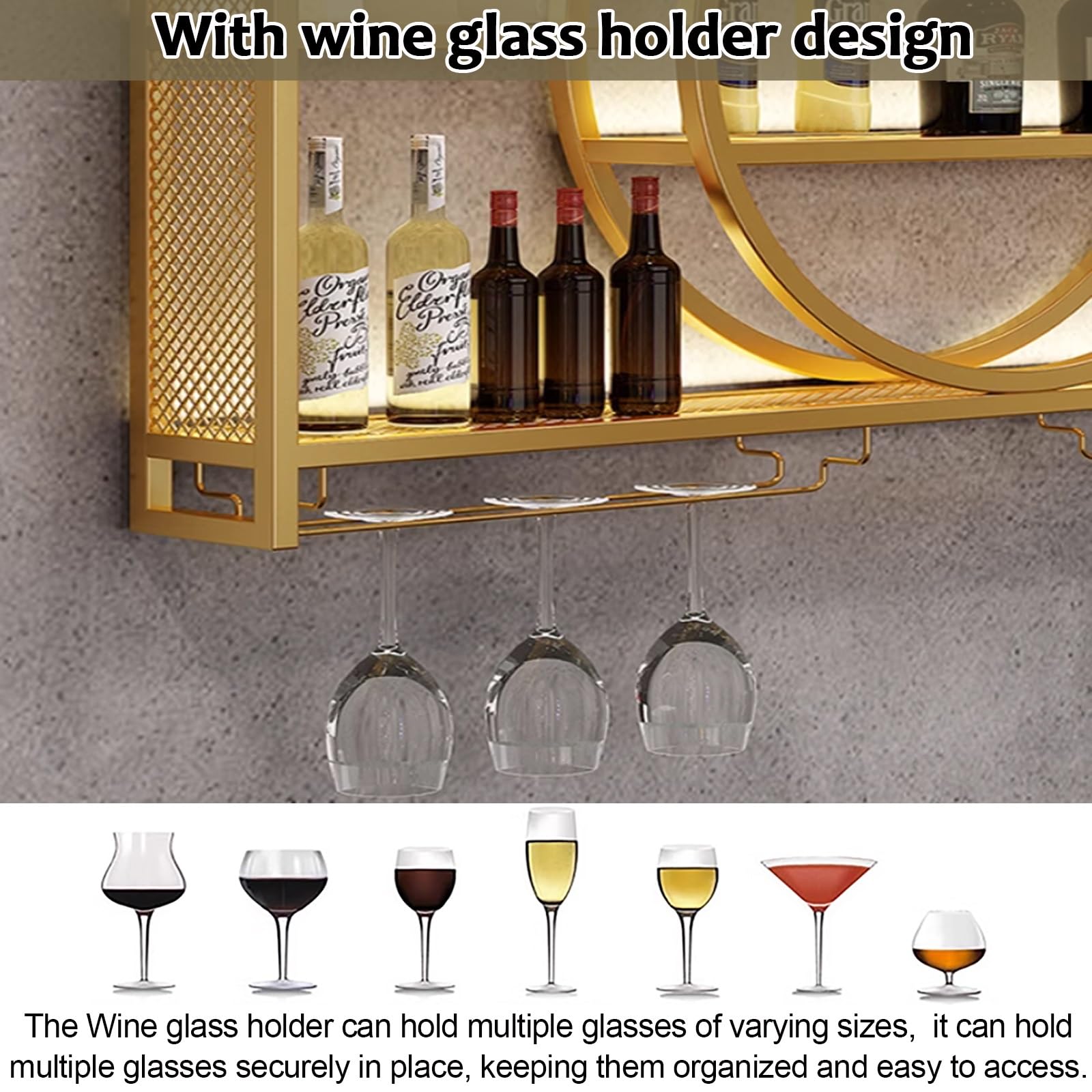 Moderno estante de vino montado en la pared con estantes iluminados por LED, soporte de metal de hierro fuerte en dorado/negro, exhibición de botellas de licor para cocina, bar, bodega, soporte para