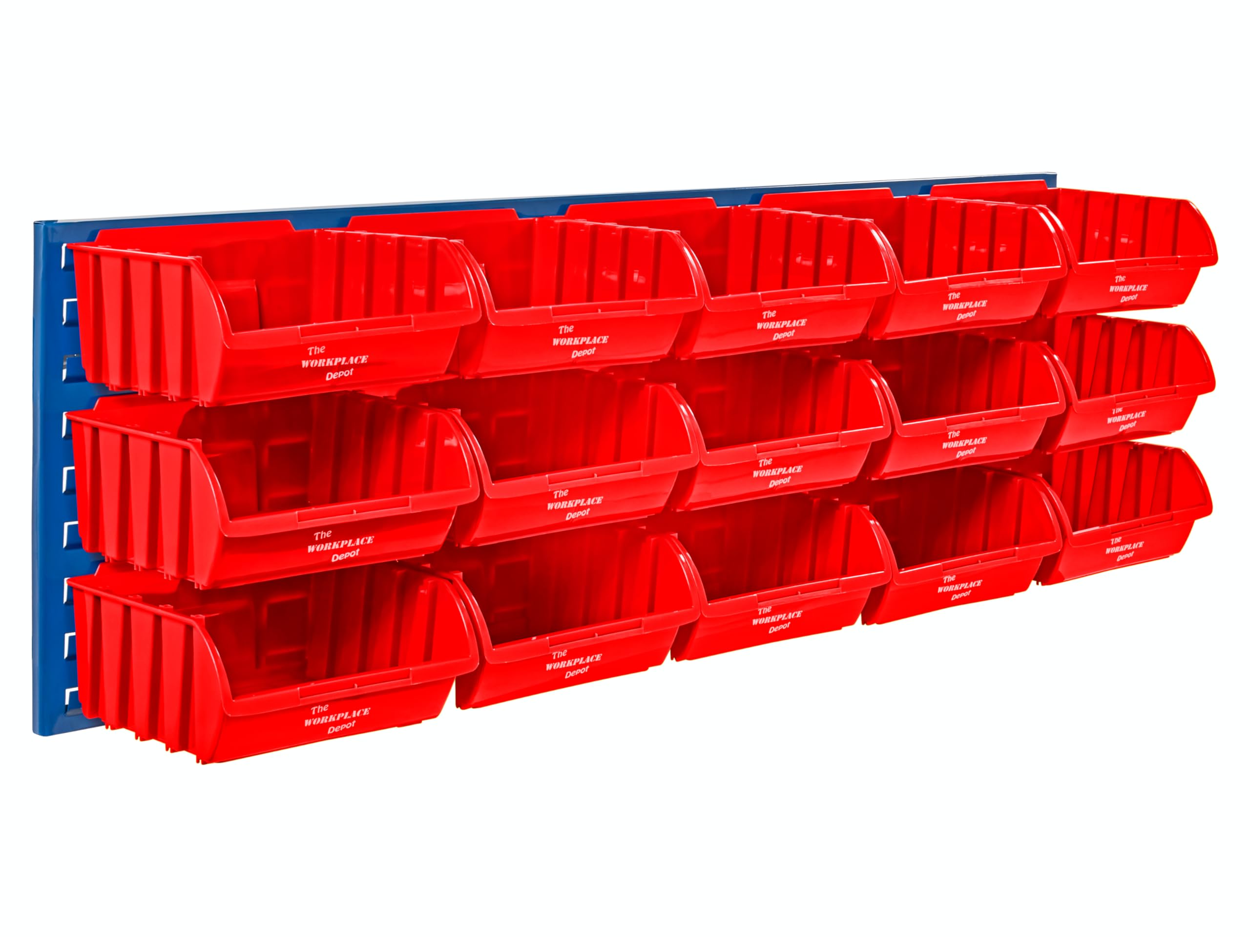 The Workplace Depot Louvre Panel & Bins Kit – Steel Wall-Mounted Storage Organiser 460(H) × 1490(W) mm with Plastic Bins – Ideal Workshop, Garage & Office (Red, with x15 Large Bins)