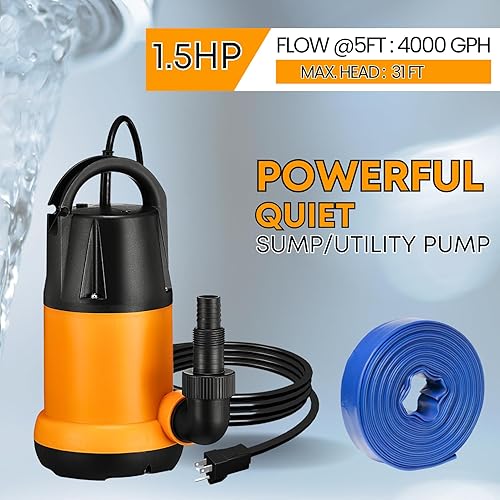 Miniatura 2 de Bomba de agua sumergible con kit de manguera de 25 pies, bomba de sumidero, bomba de utilidad con cable de alimentación de 25 pies, 4000 GPH, bomba