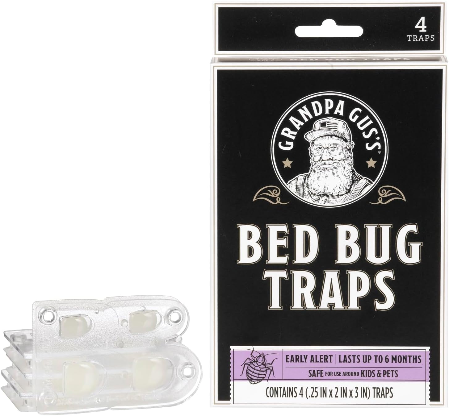 Grandpa Gus's Bed Bug Trap - Glue Traps for Mattress, Home and Travel - Early Detection, Patented Crush-Proof Design, Non-Toxic, Lasts Up to 6 Months, Pack of 4