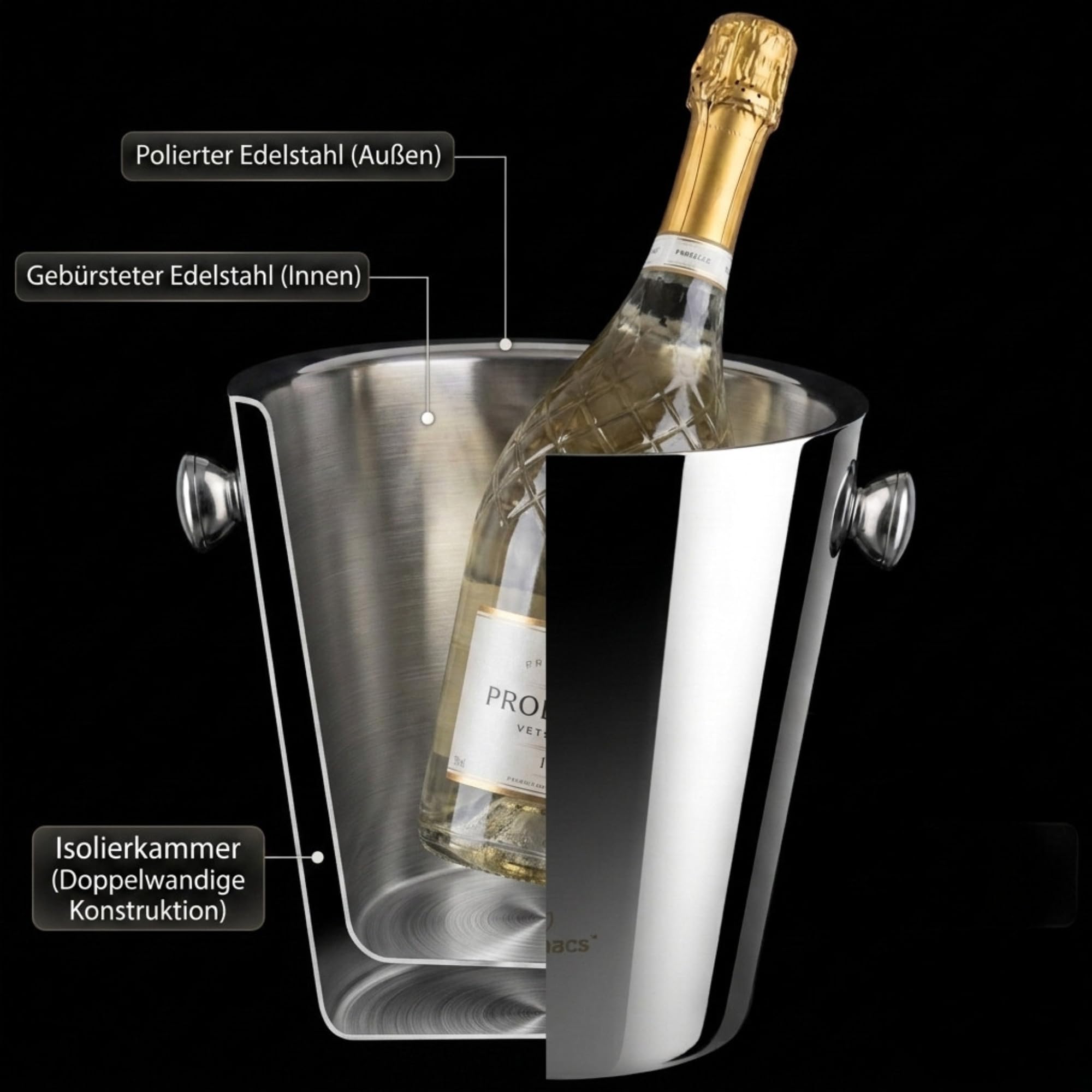 Milano | Doppelwandig isolierter Sektkühler | Champagnerkühler Edelstahl | Spiegelpoliert, 4,5L, Ø22cm, mit Griffen | Weinkühler für Champagner, Partys & Gastronomie